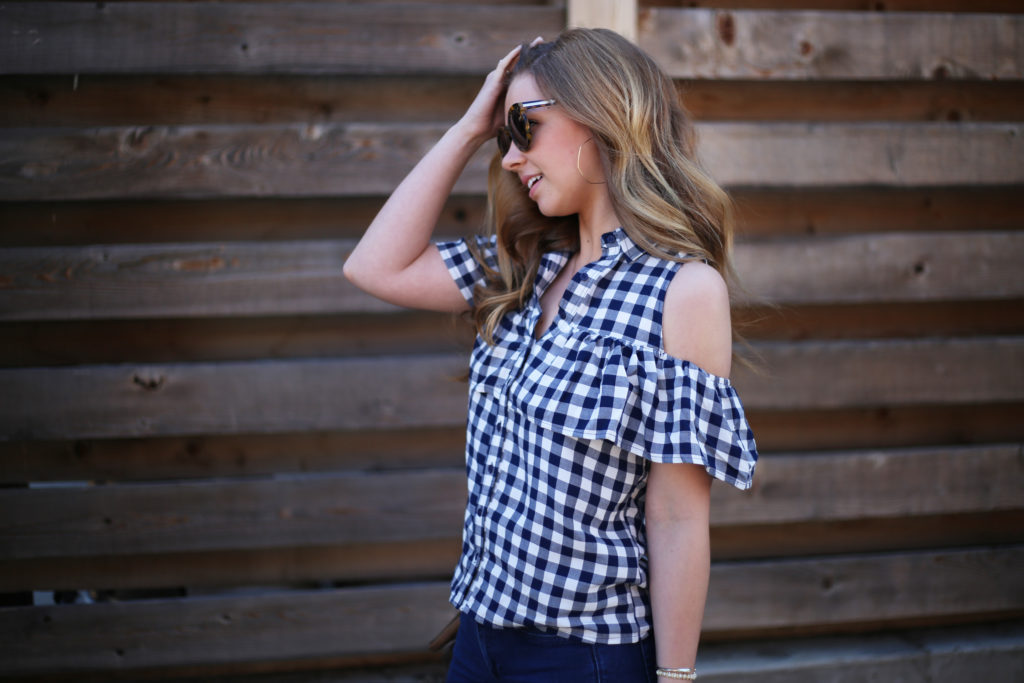 Gingham Cold Shoulder Top - A Pearl Kind of Girl